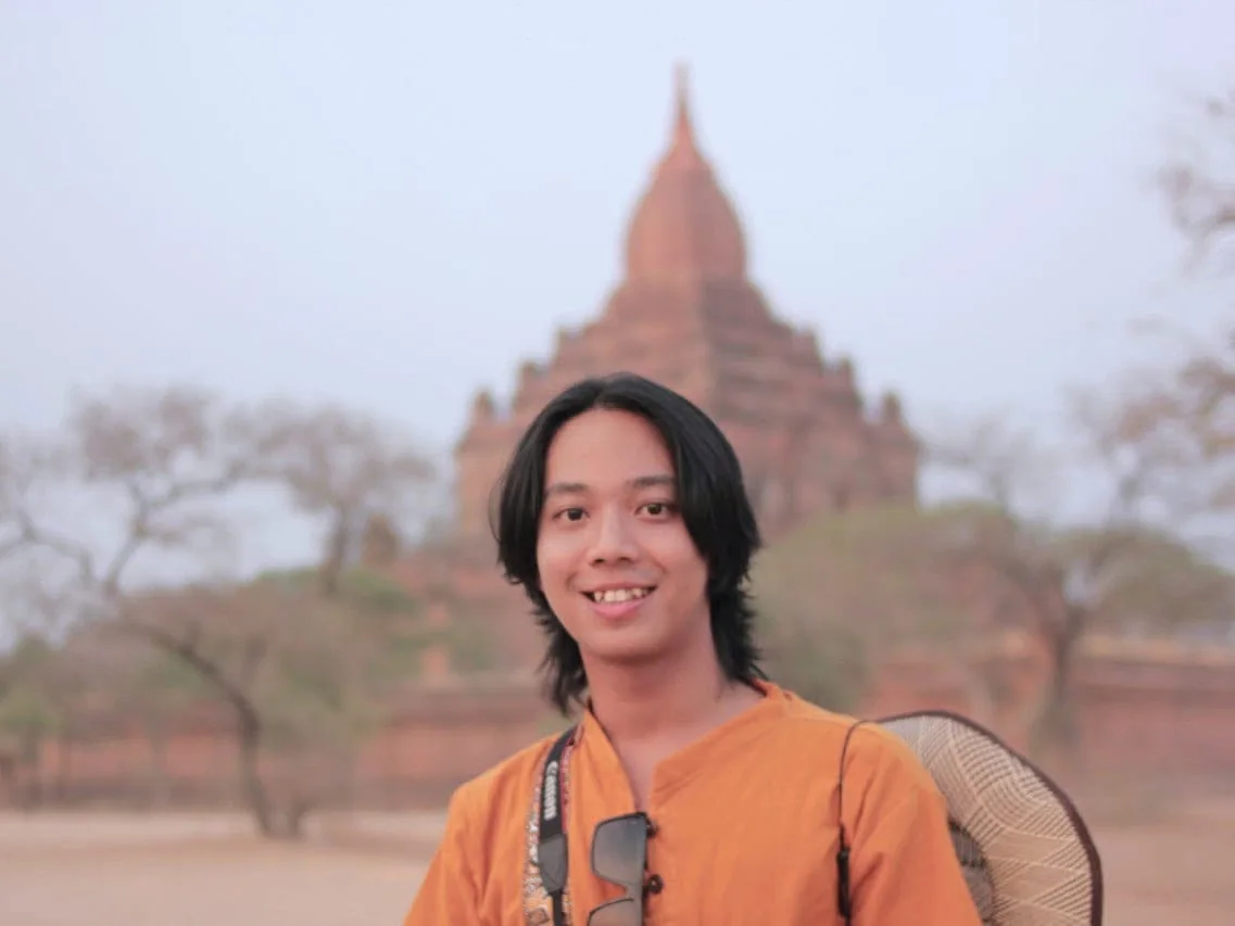 Aung Naing Oo in front of a temple in Bagan, Myanmar